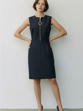 Calvin Klein Charcoal Sleeveless Sheath Dress with Gold Ring Zip Pull
